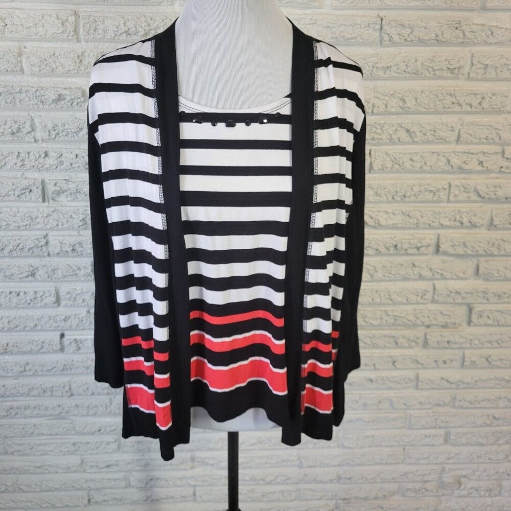 Alfred Dunner PXL Petite Beaded Stripe Blouse Black Long Sleeve Layering BLA70E